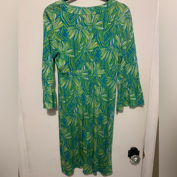Lilly Pulitzer - Twyla Silk Dress Lime Green Blue -Floral Bell Sleeve - Size: XL - Picture 6 of 7